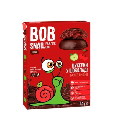 Цукерки Bob Snail яблуко-вишня в чорному шоколаді без цукру 60г